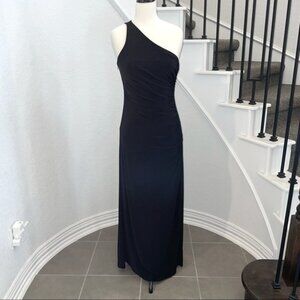 Like new black one shoulder jersey gown w/ side ruching, beading & side slit 12P